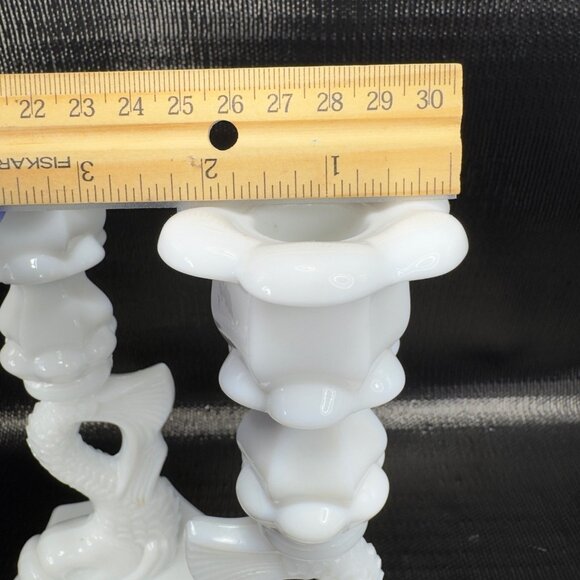Westmoreland Dolphin Koi Fish Candlestick Pair Milk Glass Candle Holders Set 2 - Picture 3 of 10